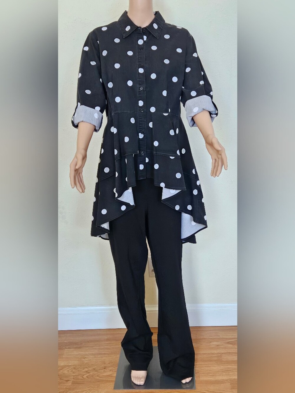 Polka Dot Midi Blouse in Black & White Distressed